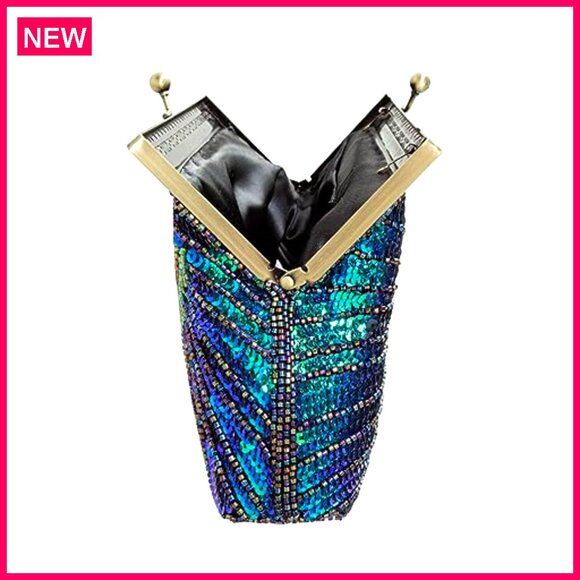 Large Vintage Beaded Sequined Evening Bag Clutch Purse Wedding Party Handbag